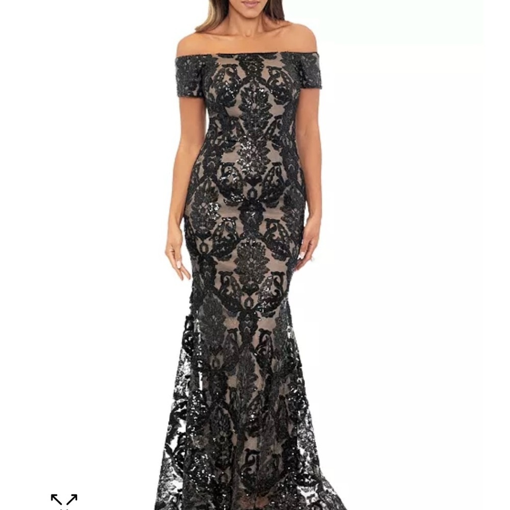 Xscape Off the Shoulder Gown - Black and Nude - EUC